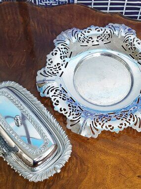 Vtg Metalware Chrome Plate Butter Dish 2p Set Irvinwar Plated Filigree Lid USA